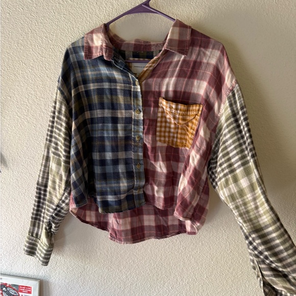 American Eagle Outfitters Tops - Patchwork Plaid Button-Up Shirt with Contrast Pocket